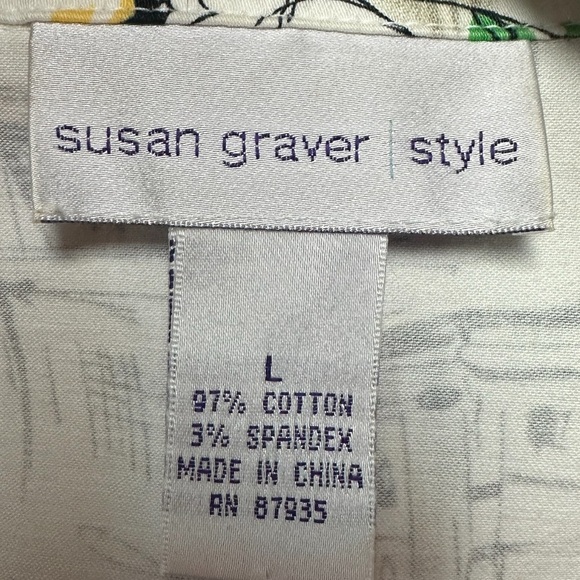 Susan Graver White Shirt Jacket w/Black Sketch Art, Rhinestone Buttons. Size Lrg - Picture 3 of 6